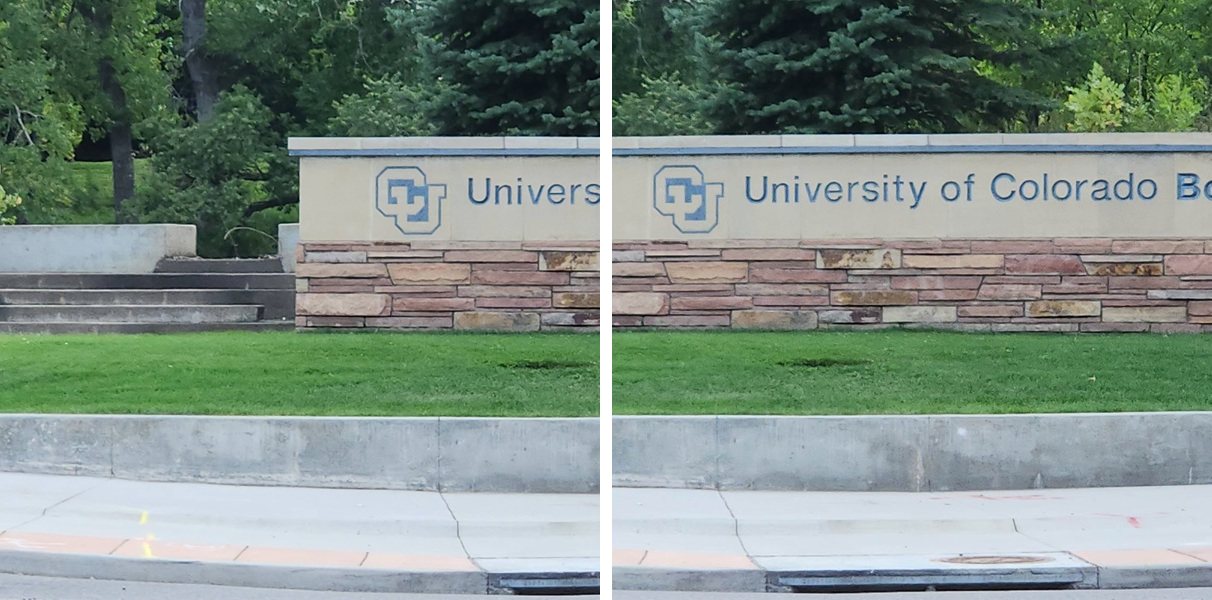 Two input photos of the CU Boulder entrance sign