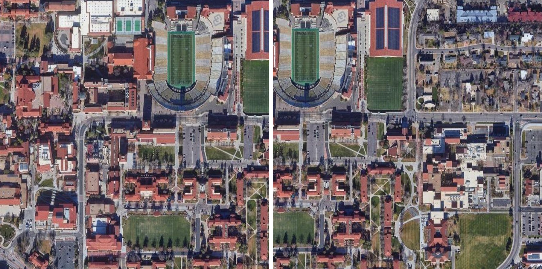 Two overlapping aerial tiles of the CU Boulder campus