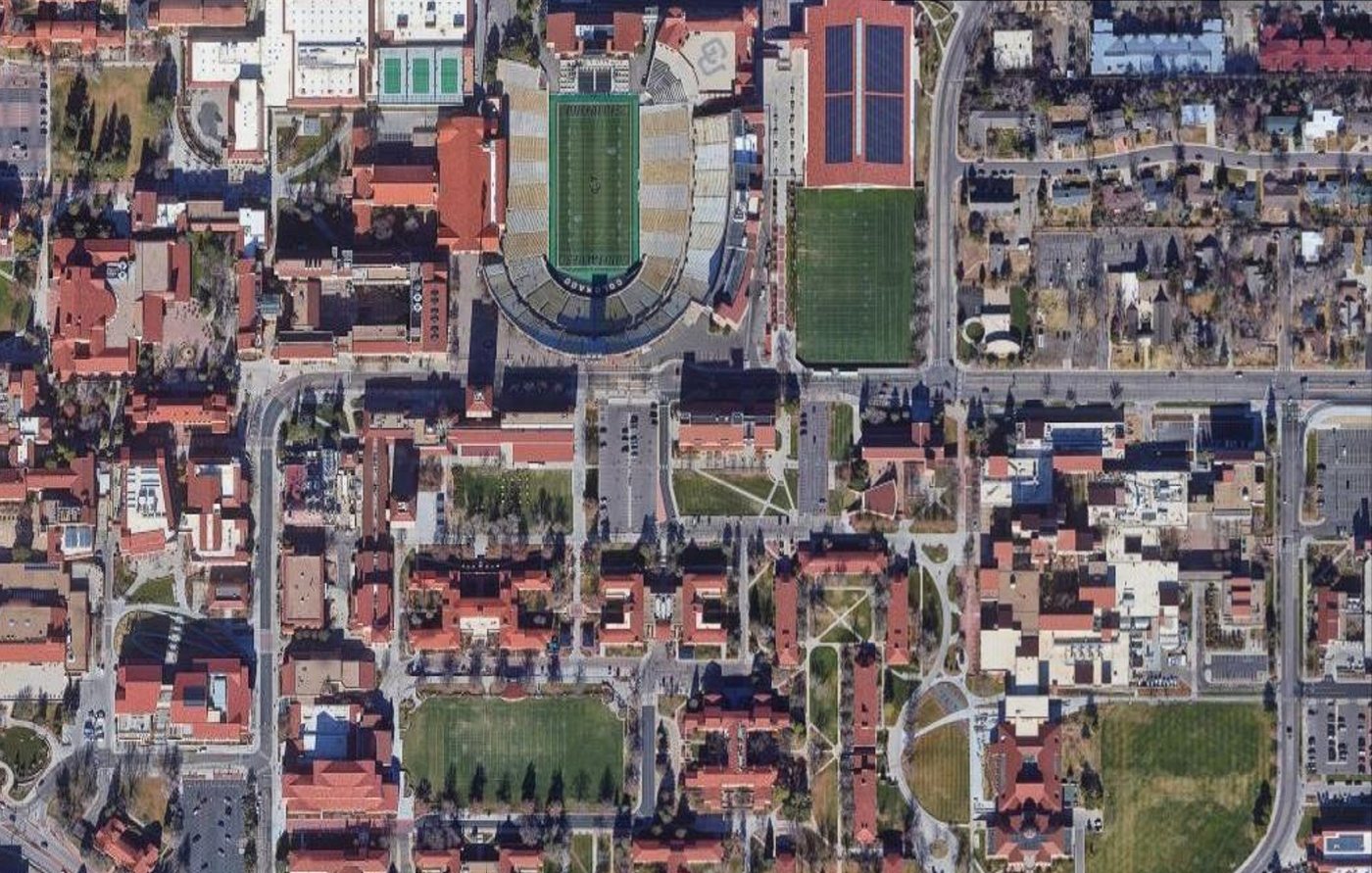 Stitched aerial view of the CU Boulder campus