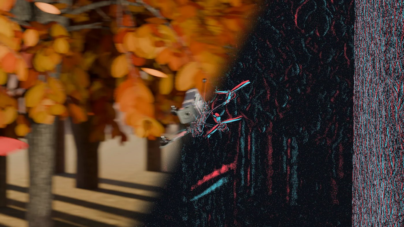 Event camera view of a quadrotor flying through foliage