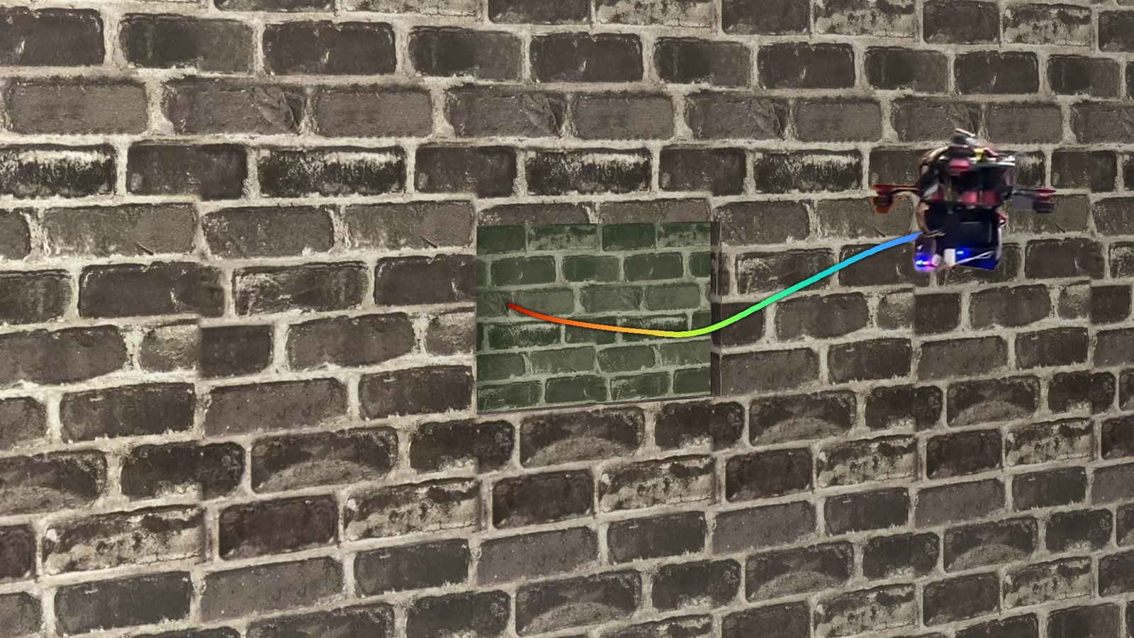 A small drone flying past a brick wall, with its path drawn as a colored trail